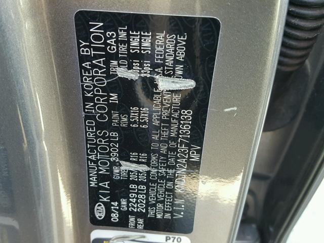 KNDJN2A23F7136138 - 2015 KIA SOUL CHARCOAL photo 10