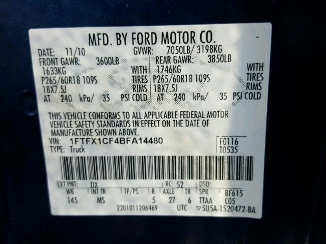 1FTFX1CF4BFA14480 - 2011 FORD F150 SUPER BLUE photo 10