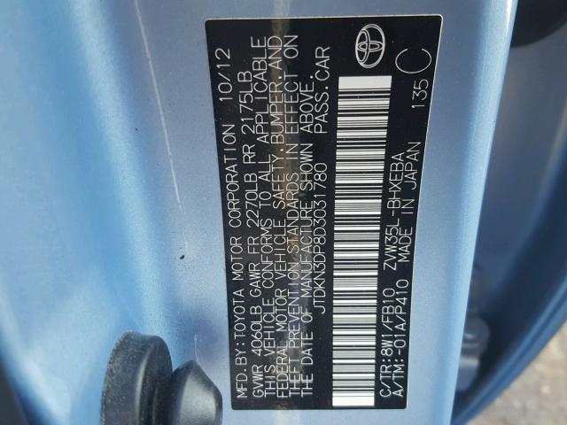 JTDKN3DP8D3031780 - 2013 TOYOTA PRIUS PLUG BLUE photo 10