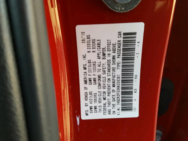 1HGCR2F55HA059361 - 2017 HONDA ACCORD SPO RED photo 10