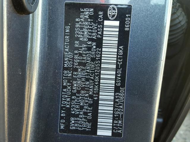 4T1BK46K17U551622 - 2007 TOYOTA CAMRY NEW GRAY photo 10