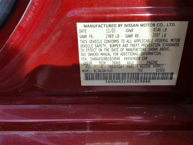 1N4BA41E86C824946 - 2006 NISSAN MAXIMA SE RED photo 10