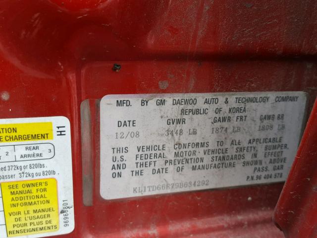 KL1TD66E79B634292 - 2009 CHEVROLET AVEO LS RED photo 10