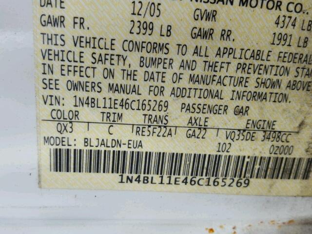 1N4BL11E46C165269 - 2006 NISSAN ALTIMA SE WHITE photo 10