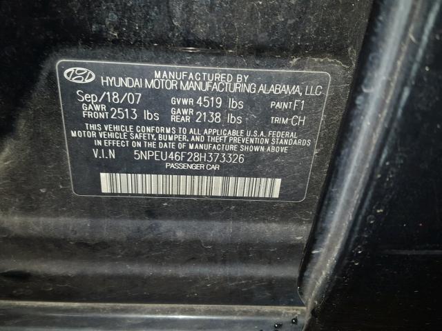 5NPEU46F28H373326 - 2008 HYUNDAI SONATA SE BLACK photo 10