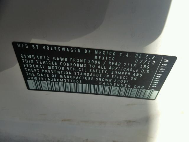 3VW1K7AJ8CM377608 - 2012 VOLKSWAGEN JETTA BASE WHITE photo 10