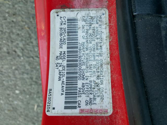 JTHBD192830065950 - 2003 LEXUS IS 300 RED photo 10