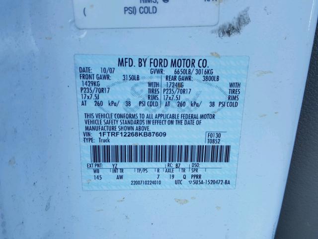 1FTRF12268KB87609 - 2008 FORD F150 WHITE photo 10