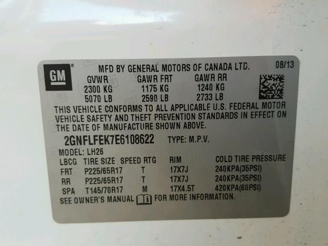 2GNFLFEK7E6108622 - 2014 CHEVROLET EQUINOX LT WHITE photo 10