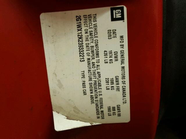 2G1WX12K239332213 - 2003 CHEVROLET MONTE CARL წითელი ფოტო 10