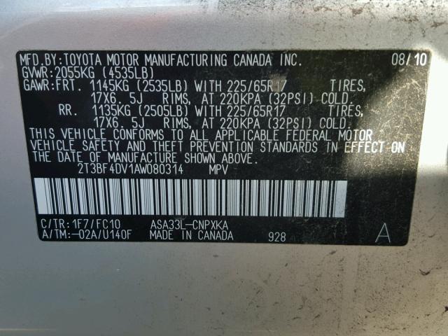 2T3BF4DV1AW080314 - 2010 TOYOTA RAV4 SILVER photo 10