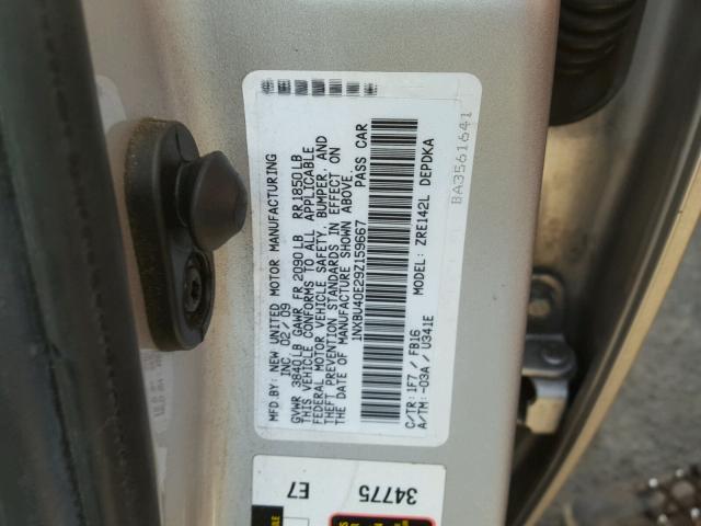 1NXBU40E29Z159667 - 2009 TOYOTA COROLLA BA GRAY photo 10