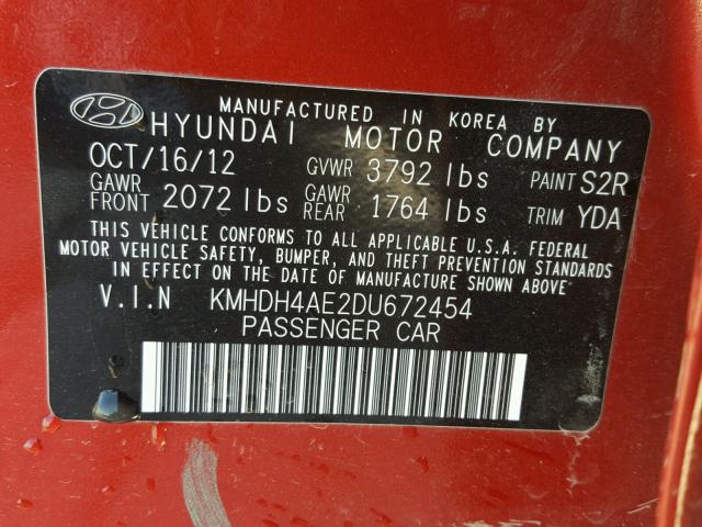 KMHDH4AE2DU672454 - 2013 HYUNDAI ELANTRA GL RED photo 10