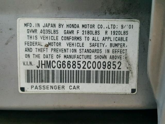 JHMCG66852C009852 - 2002 HONDA ACCORD EX SILVER photo 10