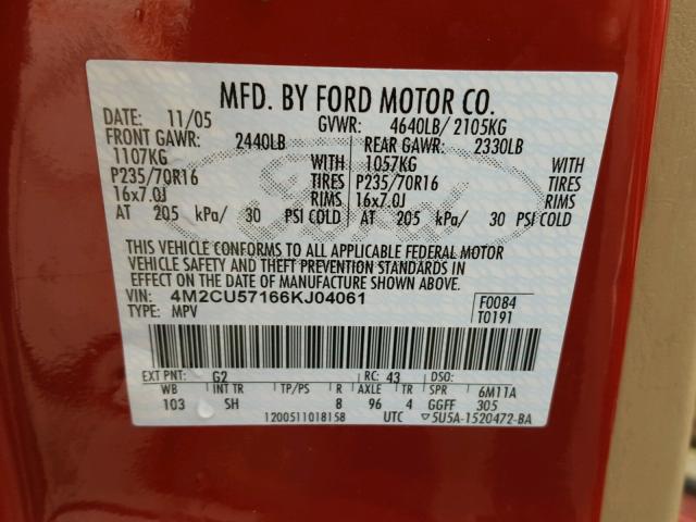 4M2CU57166KJ04061 - 2006 MERCURY MARINER RED photo 10