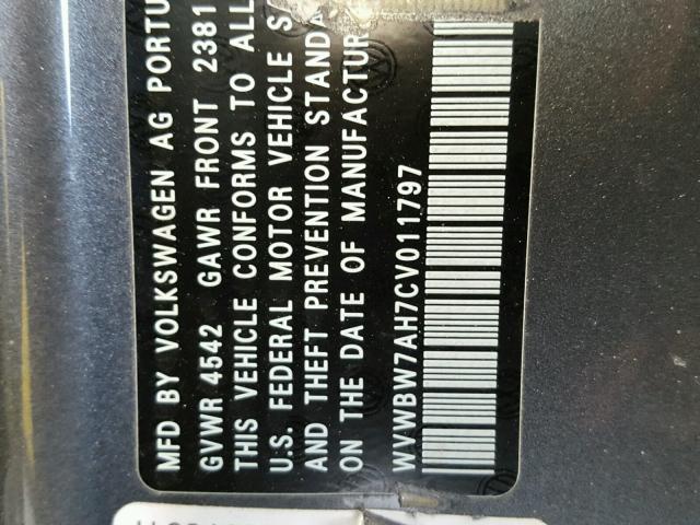 WVWBW7AH7CV011797 - 2012 VOLKSWAGEN EOS KOMFOR 灰色 照片 10