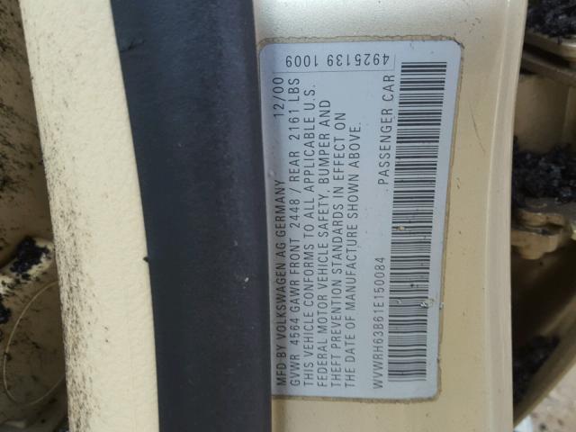 WVWRH63B61E150084 - 2001 VOLKSWAGEN PASSAT GLX 金色 照片 10