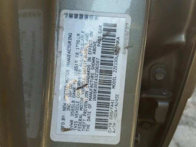 1NXBR38E43Z106587 - 2003 TOYOTA COROLLA CE GRAY photo 10