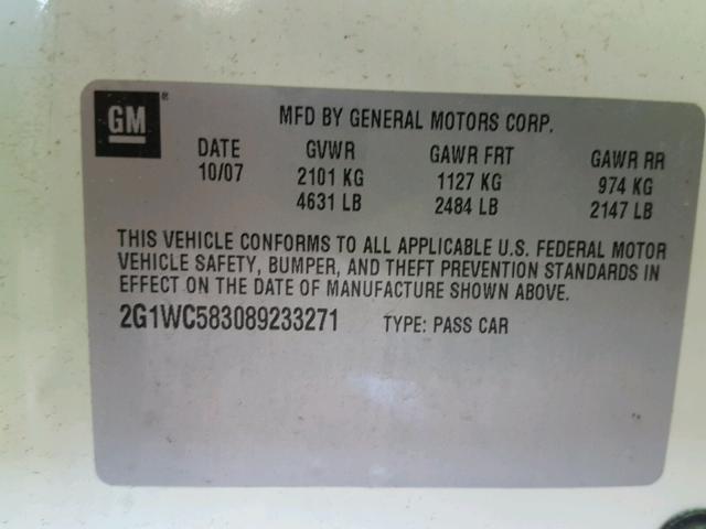 2G1WC583089233271 - 2008 CHEVROLET IMPALA LT WHITE photo 10