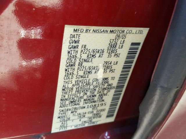 5N1BV28U36N108195 - 2006 NISSAN QUEST S MAROON photo 10