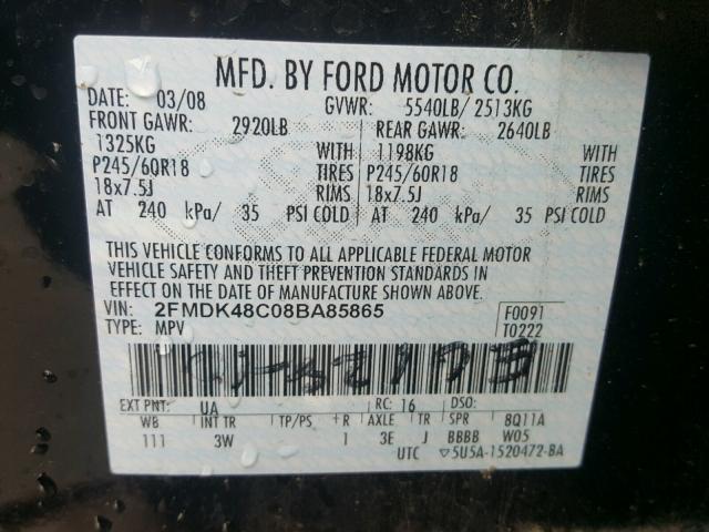 2FMDK48C08BA85865 - 2008 FORD EDGE SEL BLACK photo 10