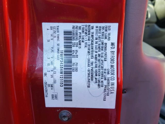 1FAFP34384W121153 - 2004 FORD FOCUS SE C RED photo 10