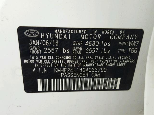 KMHE24L14GA033790 - 2016 HYUNDAI SONATA HYB WHITE photo 10