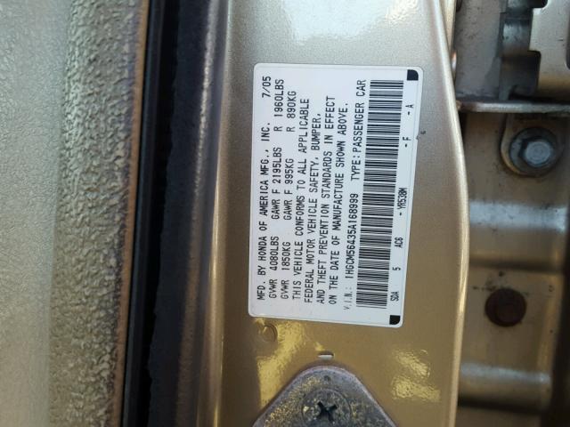 1HGCM56435A168999 - 2005 HONDA ACCORD LX GOLD photo 10