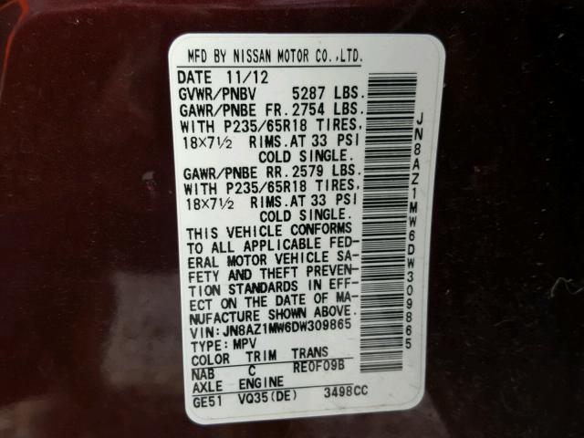 JN8AZ1MW6DW309865 - 2013 NISSAN MURANO S BURGUNDY photo 10