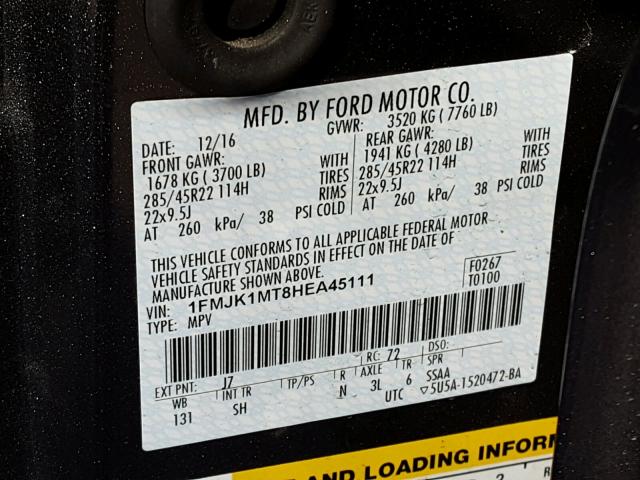 1FMJK1MT8HEA45111 - 2017 FORD EXPEDITION GRAY photo 10