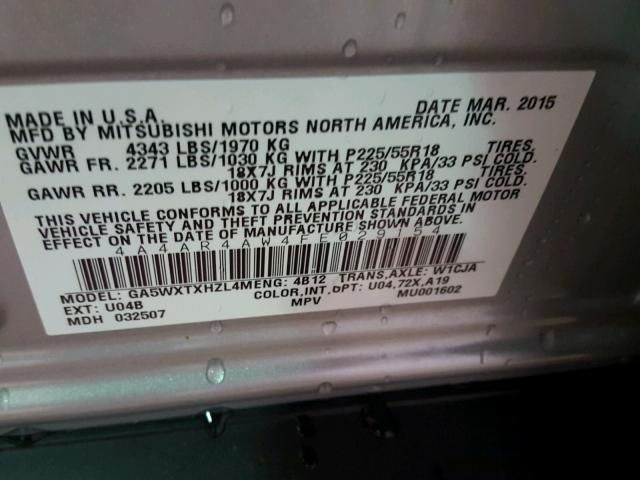 4A4AR4AW4FE029154 - 2015 MITSUBISHI OUTLANDER GRAY photo 10