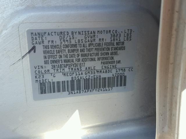 3N1AB7APXFY241617 - 2015 NISSAN SENTRA S SILVER photo 10