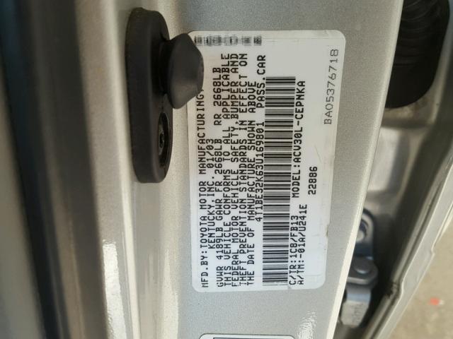 4T1BE32K63U169801 - 2003 TOYOTA CAMRY LE SILVER photo 10