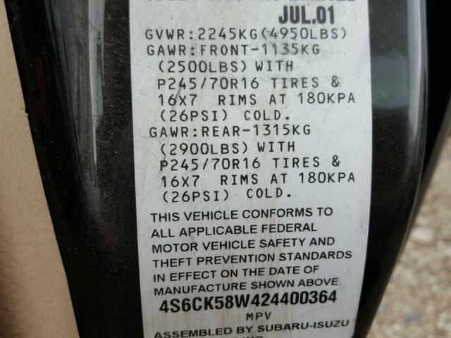 4S6CK58W424400364 - 2002 HONDA PASSPORT E BLACK photo 10