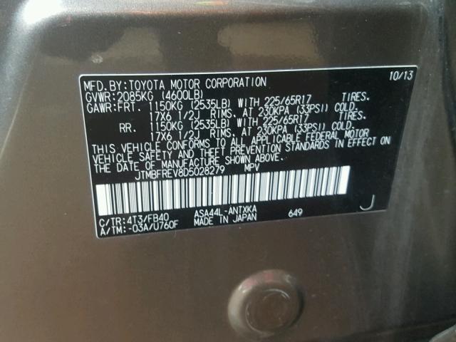 JTMBFREV8D5028279 - 2013 TOYOTA RAV4 LE Qəhvəyi foto 10