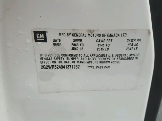 2G2WR524941371282 - 2004 PONTIAC GRAND PRIX WHITE photo 10