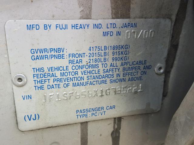 JF1SF656X1G735221 - 2001 SUBARU FORESTER S SILVER photo 10