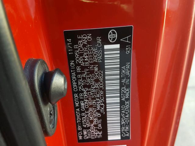 JTKJF5C7XFJ004822 - 2015 TOYOTA SCION TC 红色 照片 10