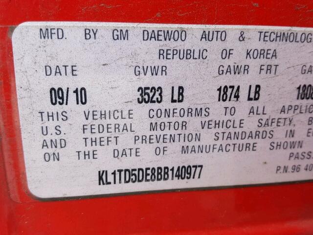 KL1TD5DE8BB140977 - 2011 CHEVROLET AVEO LS RED photo 10