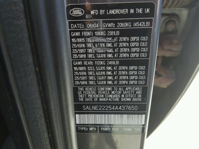 SALNE22254A437650 - 2004 LAND ROVER FREELANDER GRAY photo 10