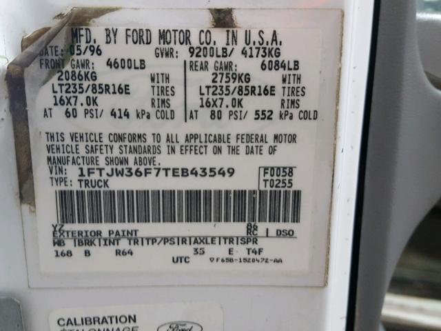 1FTJW36F7TEB43549 - 1996 FORD F350 WHITE photo 10