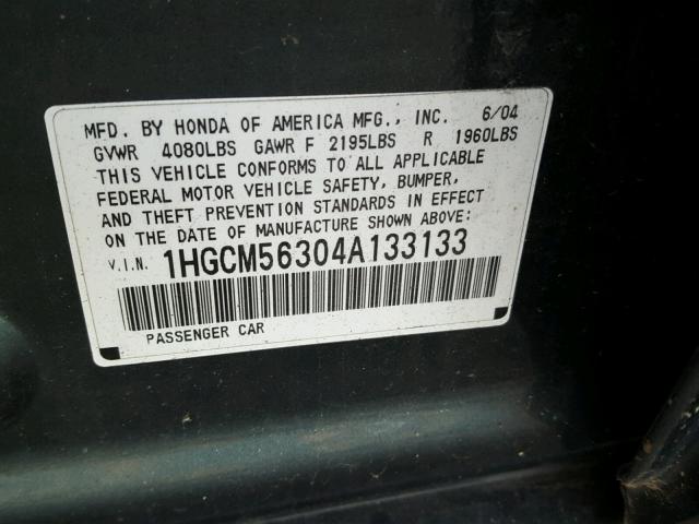 1HGCM56304A133133 - 2004 HONDA ACCORD LX GREEN photo 10