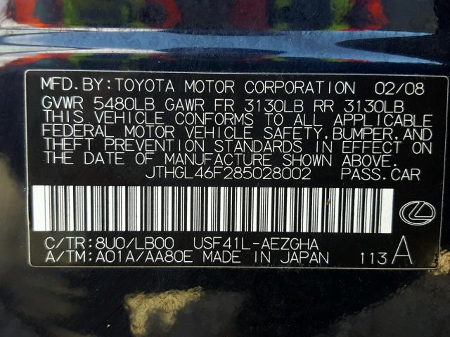 JTHGL46F285028002 - 2008 LEXUS LS 460L BLACK photo 10