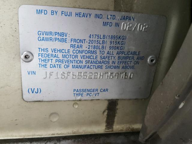 JF1SF65522H759760 - 2002 SUBARU FORESTER S CREAM photo 10