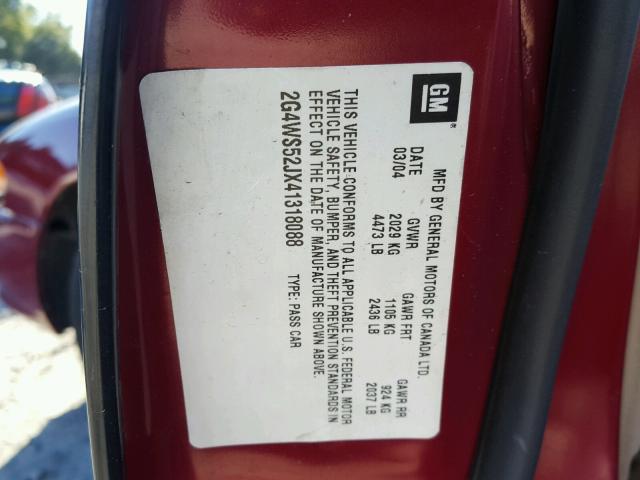 2G4WS52JX41318088 - 2004 BUICK CENTURY CU BURGUNDY photo 10