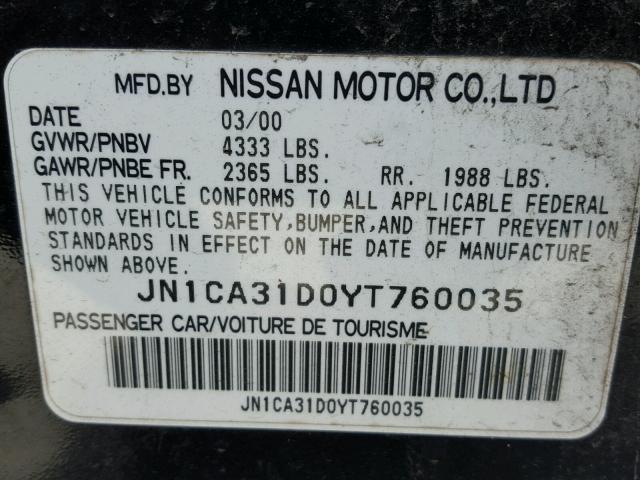 JN1CA31D0YT760035 - 2000 NISSAN MAXIMA GLE BLACK photo 10