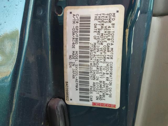 JT2BG22K1W0226757 - 1998 TOYOTA CAMRY CE GREEN photo 10