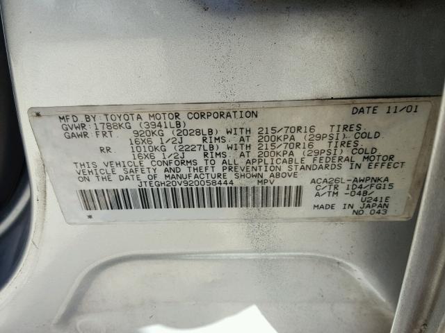 JTEGH20V920058444 - 2002 TOYOTA RAV4 SILVER photo 10