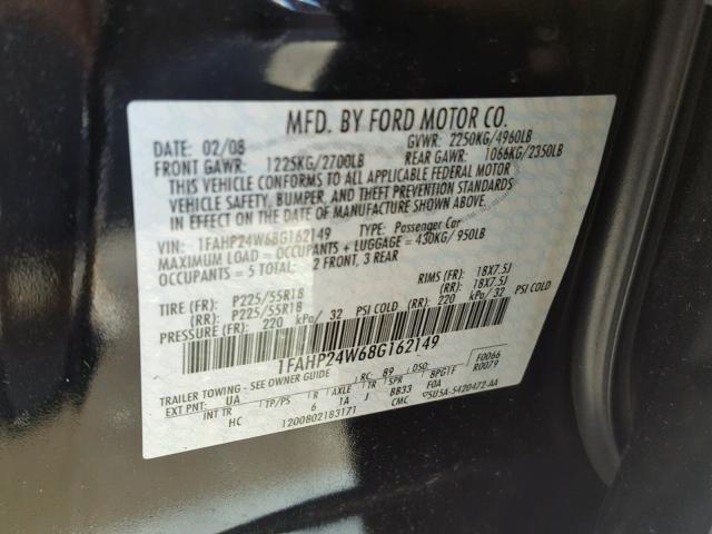 1FAHP24W68G162149 - 2008 FORD TAURUS SEL BLACK photo 10