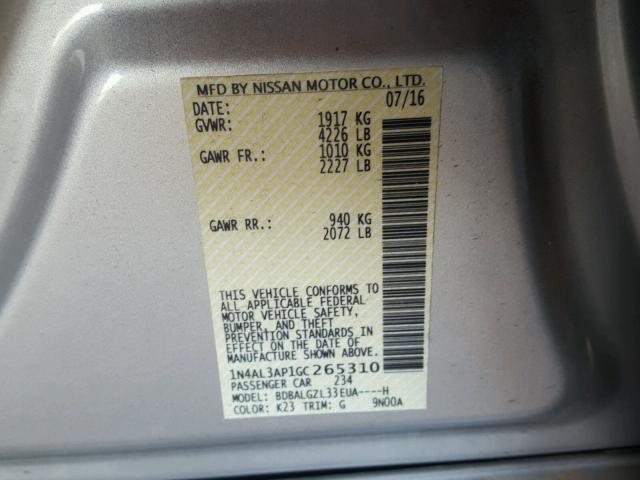 1N4AL3AP1GC265310 - 2016 NISSAN ALTIMA 2.5 SILVER photo 10